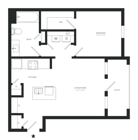 Floor plan for 1 bed, 1 bath, 697 sqft